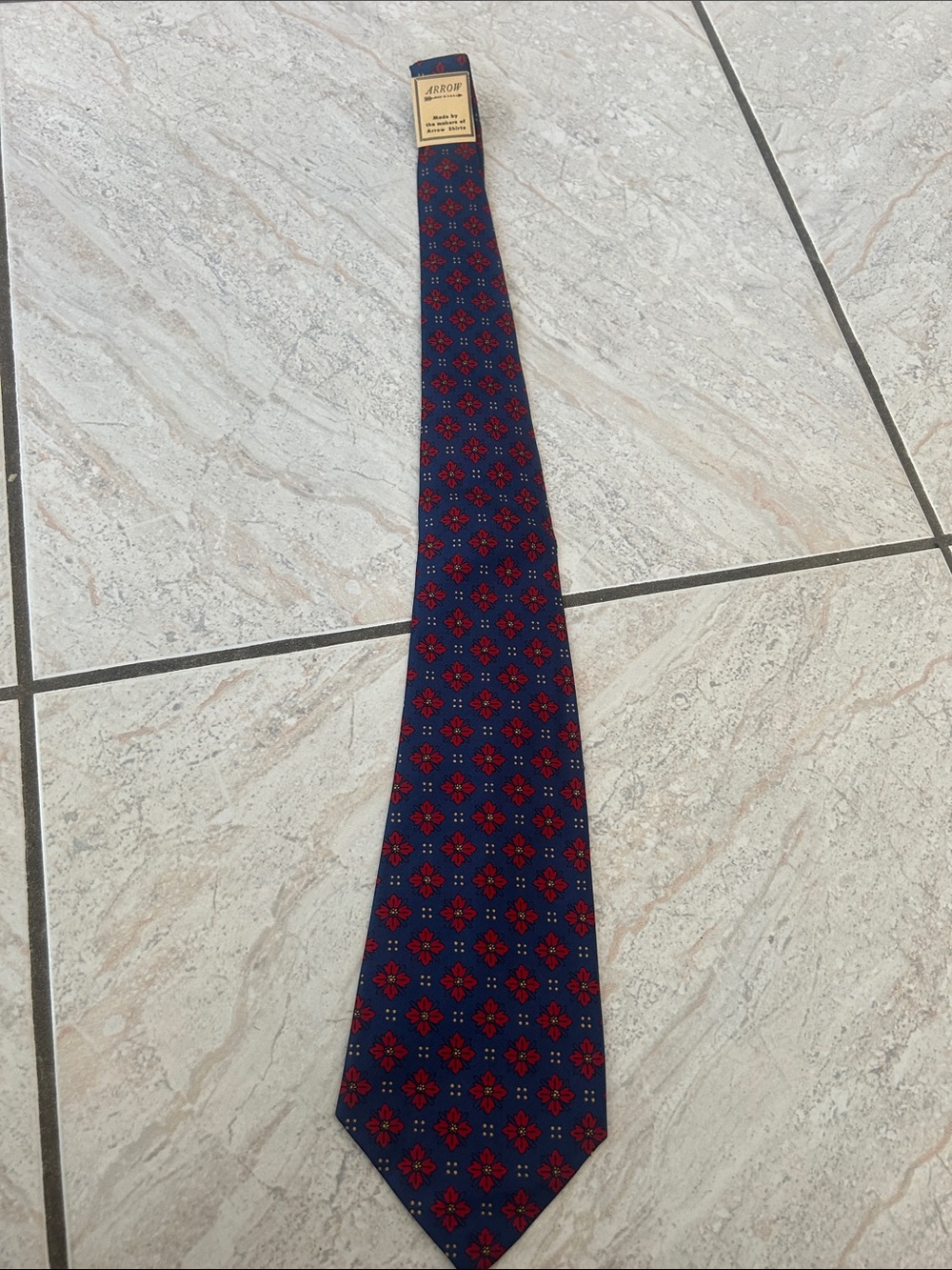 Arrow Navy Tie with Red Floral Geometric Pattern